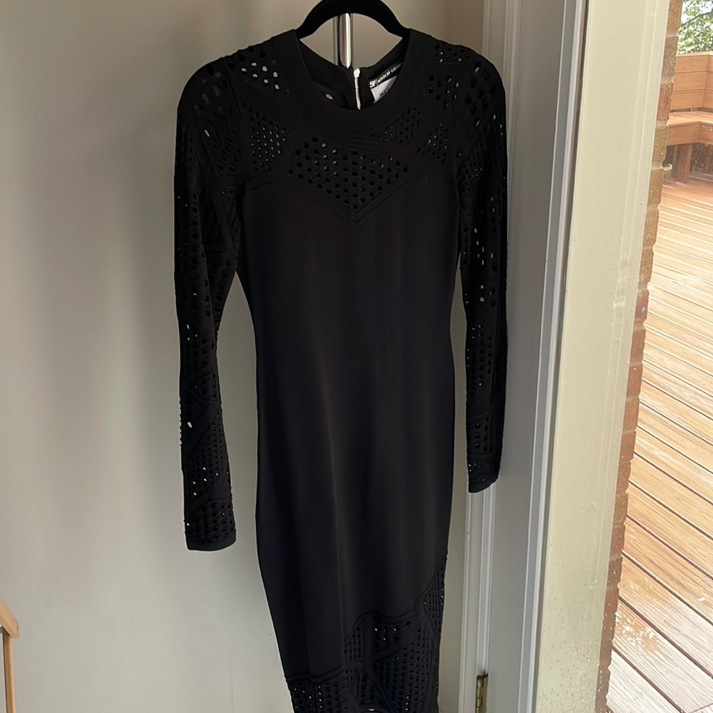 Milly black long sleeve knit midi dress w/ cut outs at top, arms, & bottom. S